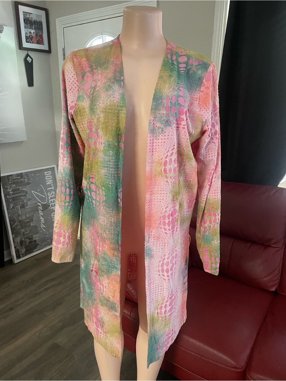 New Love J Open-Front Pastel Multi-Color Women’s Coat Pastel Duster Large